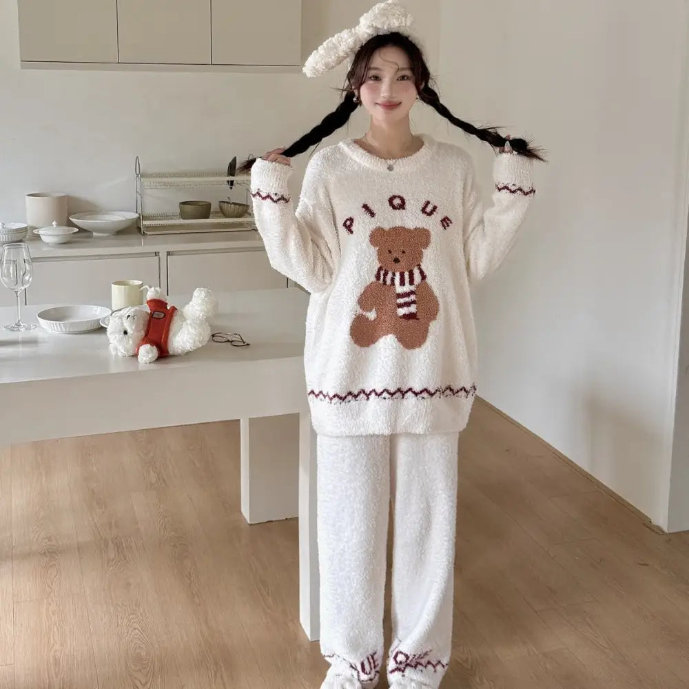 クリスマス ふわふわ カートゥーン クマ レディース 可愛い クマ ルームウェア パジャマ ID3636 ホワイト / フリー / プルオーバー