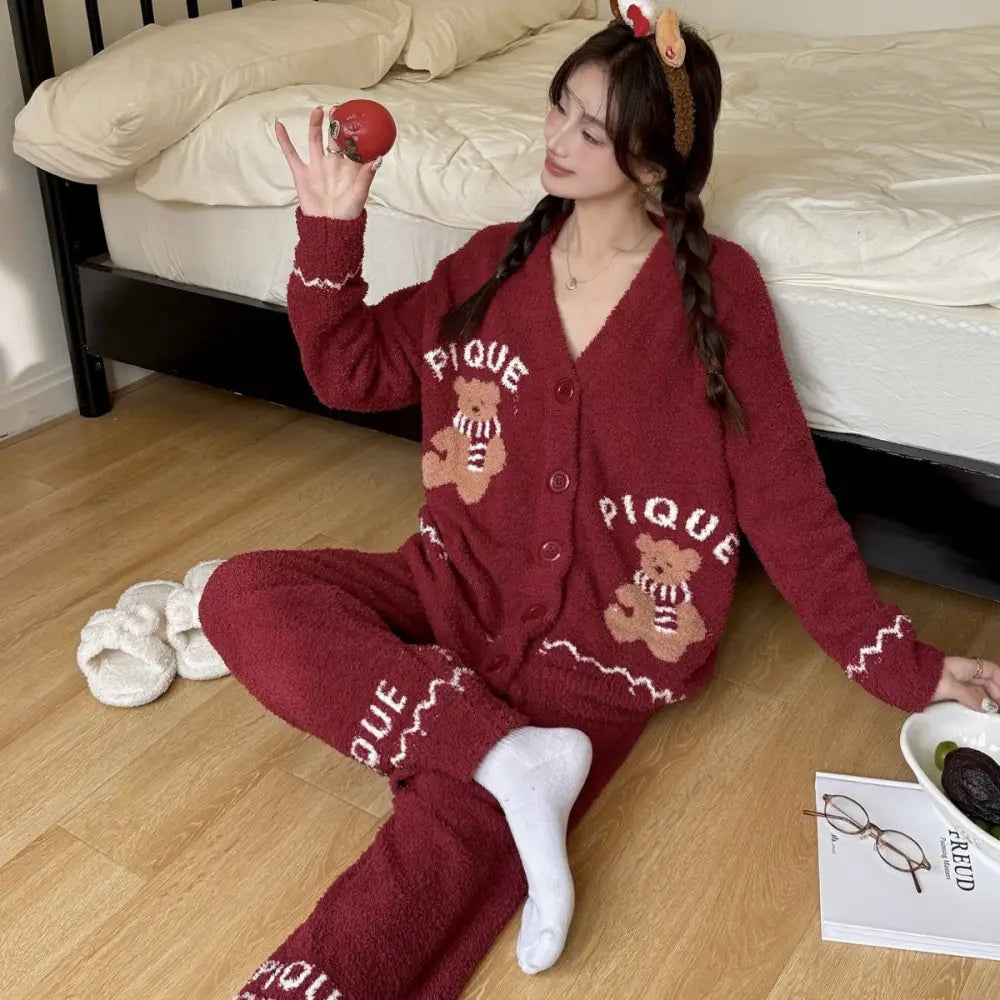 クリスマス ふわふわ カートゥーン クマ レディース 可愛い クマ ルームウェア パジャマ ID3636 レッド / フリー / カーディガン