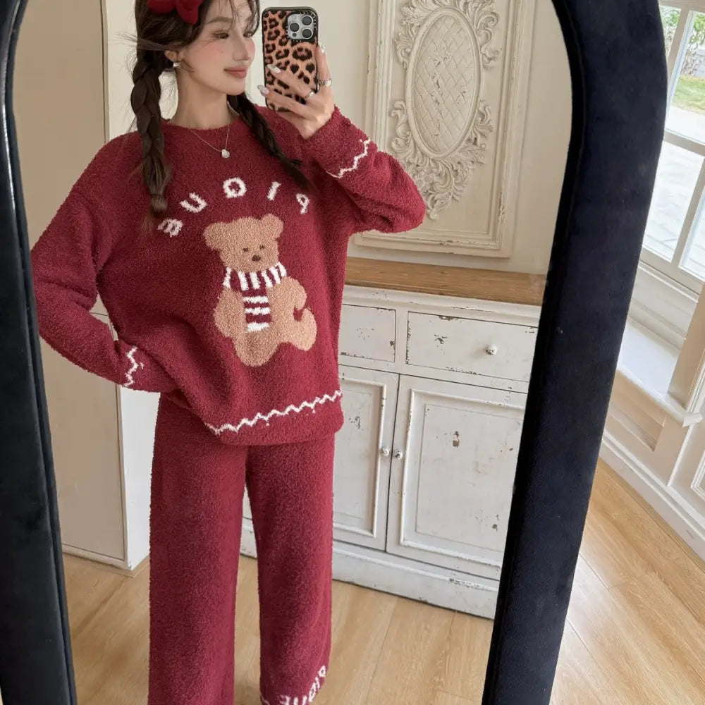 クリスマス ふわふわ カートゥーン クマ レディース 可愛い クマ ルームウェア パジャマ ID3636 レッド / フリー / プルオーバー