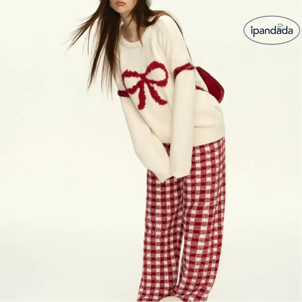 クリスマス リボンチェック柄 パジャマ セットアップ レディース 可愛い 外出 おでかけ 冬 暖かい 可愛い おしゃれ ふわふわパジャマ プレゼント レッド / フリー レディース＞セットアップ