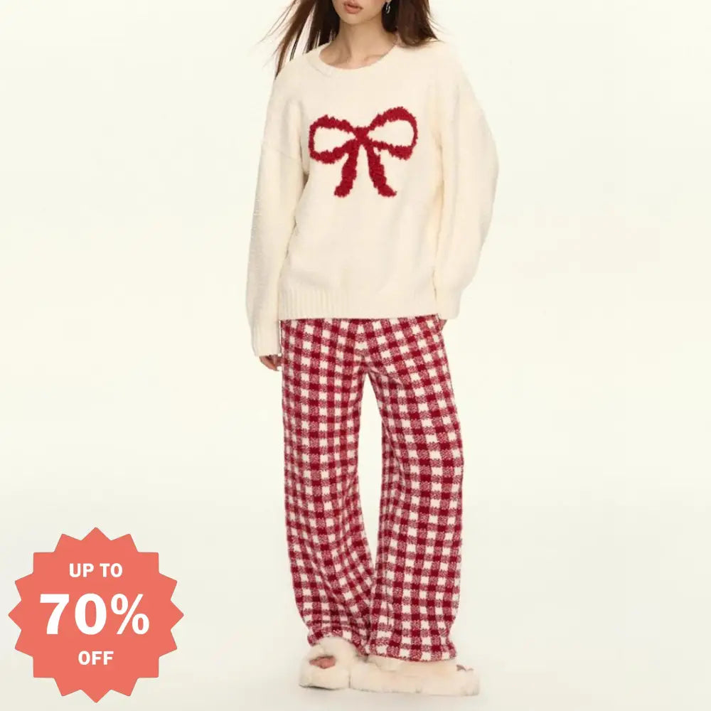 クリスマス リボンチェック柄 パジャマ セットアップ レディース 可愛い 外出 おでかけ 冬 暖かい 可愛い おしゃれ ふわふわパジャマ プレゼント レッド / フリー レディース＞セットアップ