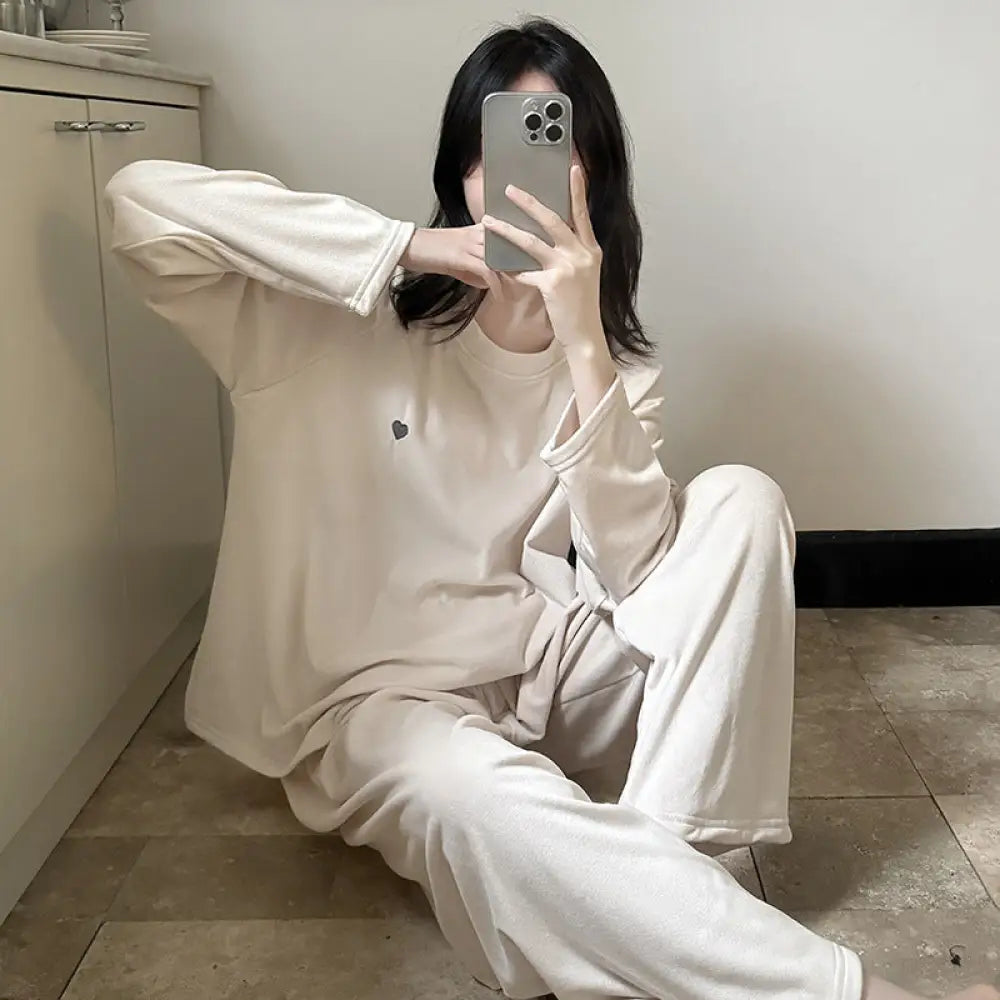 クルーネック パジャマ セット 長袖 長ズボン 保温 ルームウェア 部屋着 女子 ティーン かわいい ID3994 アプリコット / M