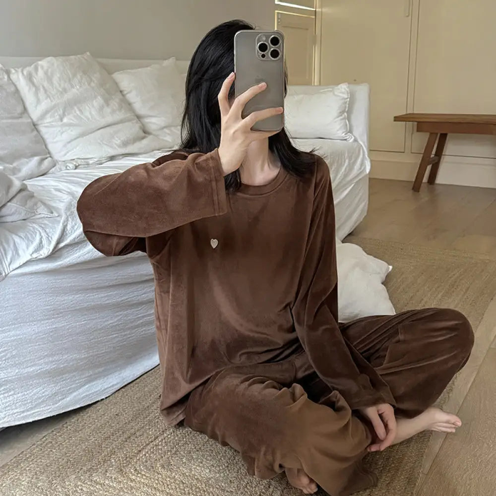 クルーネック パジャマ セット 長袖 長ズボン 保温 ルームウェア 部屋着 女子 ティーン かわいい ID3994 ブラウン / M