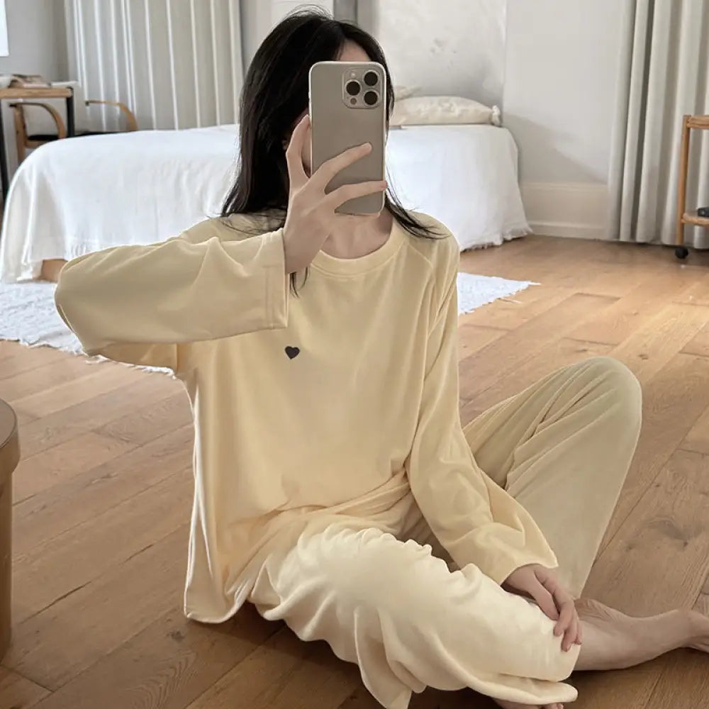 クルーネック パジャマ セット 長袖 長ズボン 保温 ルームウェア 部屋着 女子 ティーン かわいい ID3994 イエロー / M