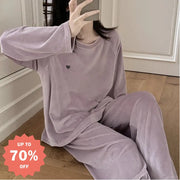 クルーネック パジャマ セット 長袖 長ズボン 保温 ルームウェア 部屋着 女子 ティーン かわいい ID3994 パープル / M