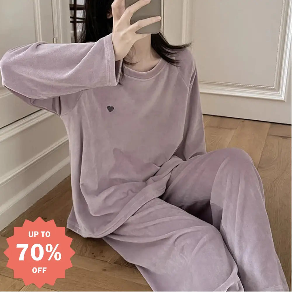 クルーネック パジャマ セット 長袖 長ズボン 保温 ルームウェア 部屋着 女子 ティーン かわいい ID3994 パープル / M