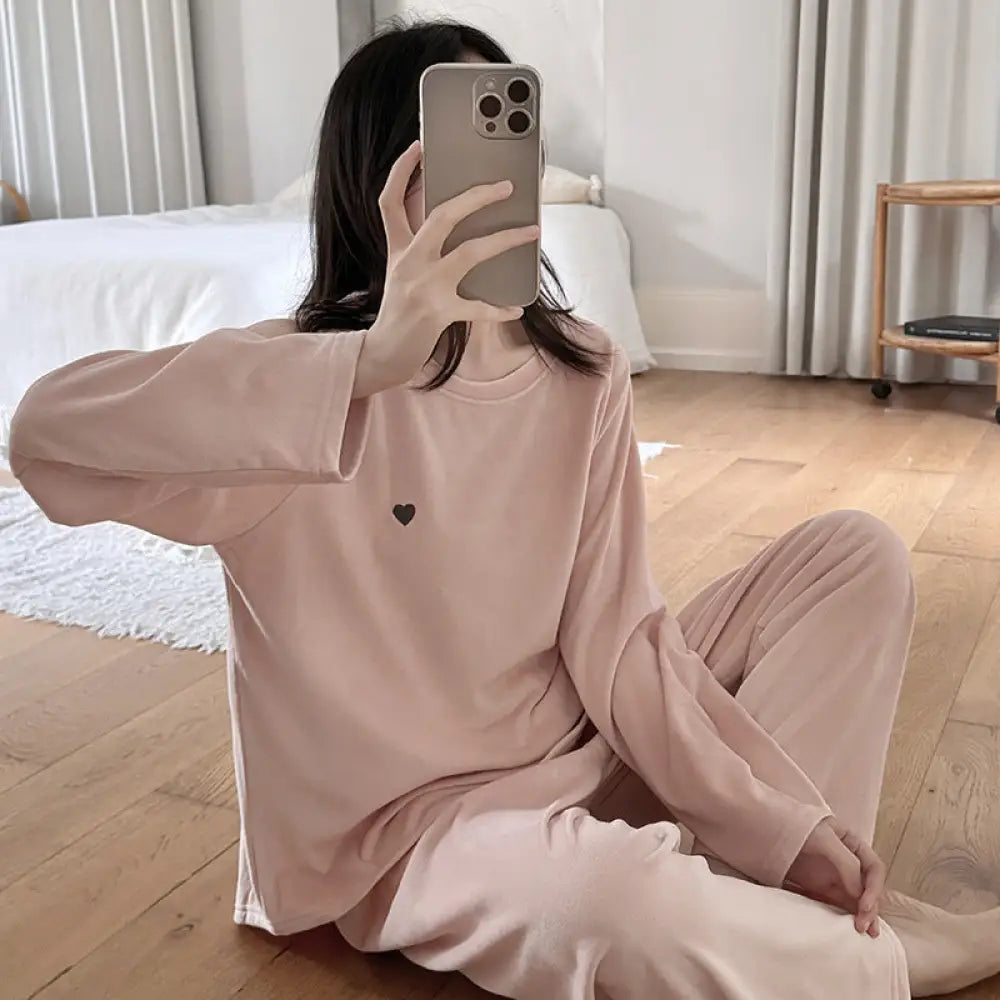 クルーネック パジャマ セット 長袖 長ズボン 保温 ルームウェア 部屋着 女子 ティーン かわいい ID3994 ピンク / M