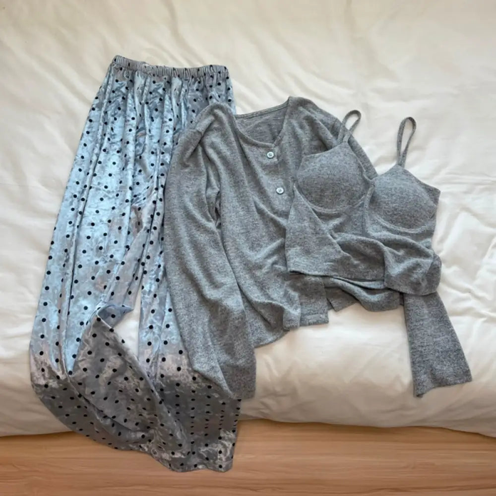 キャミソール 睡衣 女性用 春秋 長袖 胸パッド入り レーヨン セクシー ブラウン 冬用 ルームウェア セット ID2356 タイプ③ / M レディース＞セットアップ