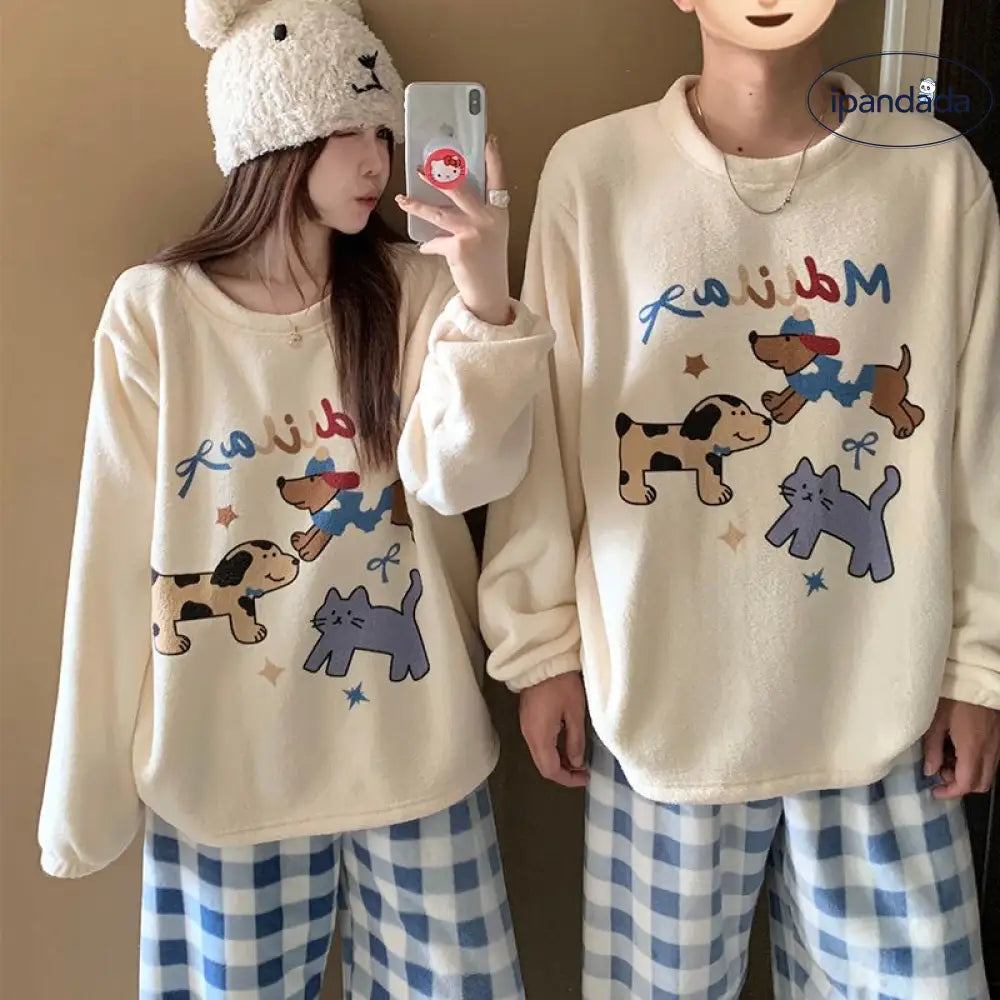 キャラクター ビーズファー カップル パジャマ 冬 長袖 ラウンドネック 保温 甘い かわいい ホームウェア セットアップ 外出可 暖かい 柔らかい 快適 おしゃれ ルームウェア ID2696