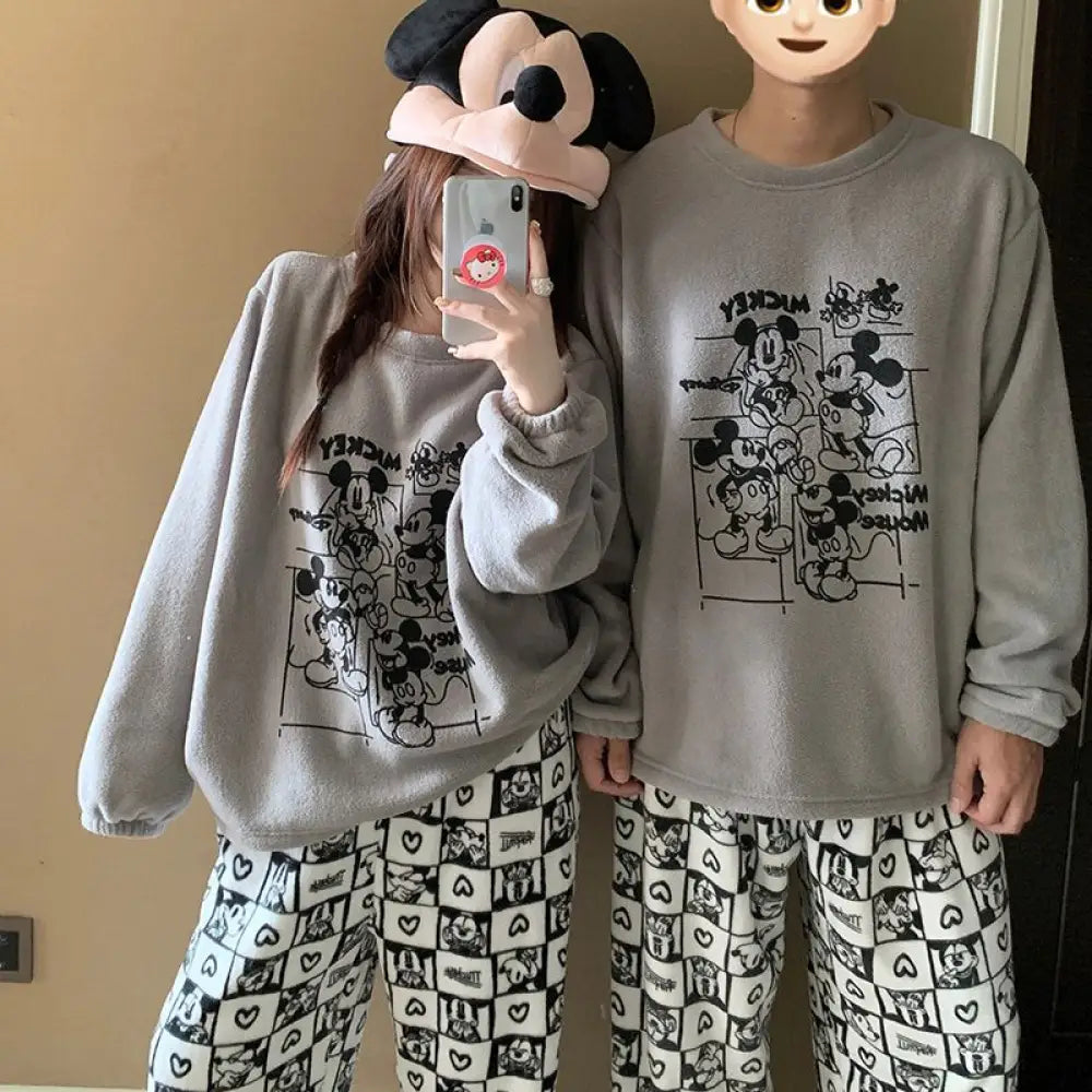 キャラクター ビーズファー カップル パジャマ 冬 長袖 ラウンドネック 保温 甘い かわいい ホームウェア セットアップ 外出可 暖かい 柔らかい 快適 おしゃれ ルームウェア ID2696 タイプ① / レディースＭ