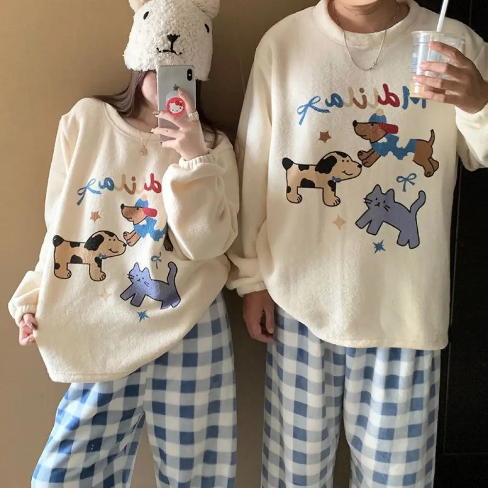 キャラクター ビーズファー カップル パジャマ 冬 長袖 ラウンドネック 保温 甘い かわいい ホームウェア セットアップ 外出可 暖かい 柔らかい 快適 おしゃれ ルームウェア ID2696 タイプ② / レディースＭ
