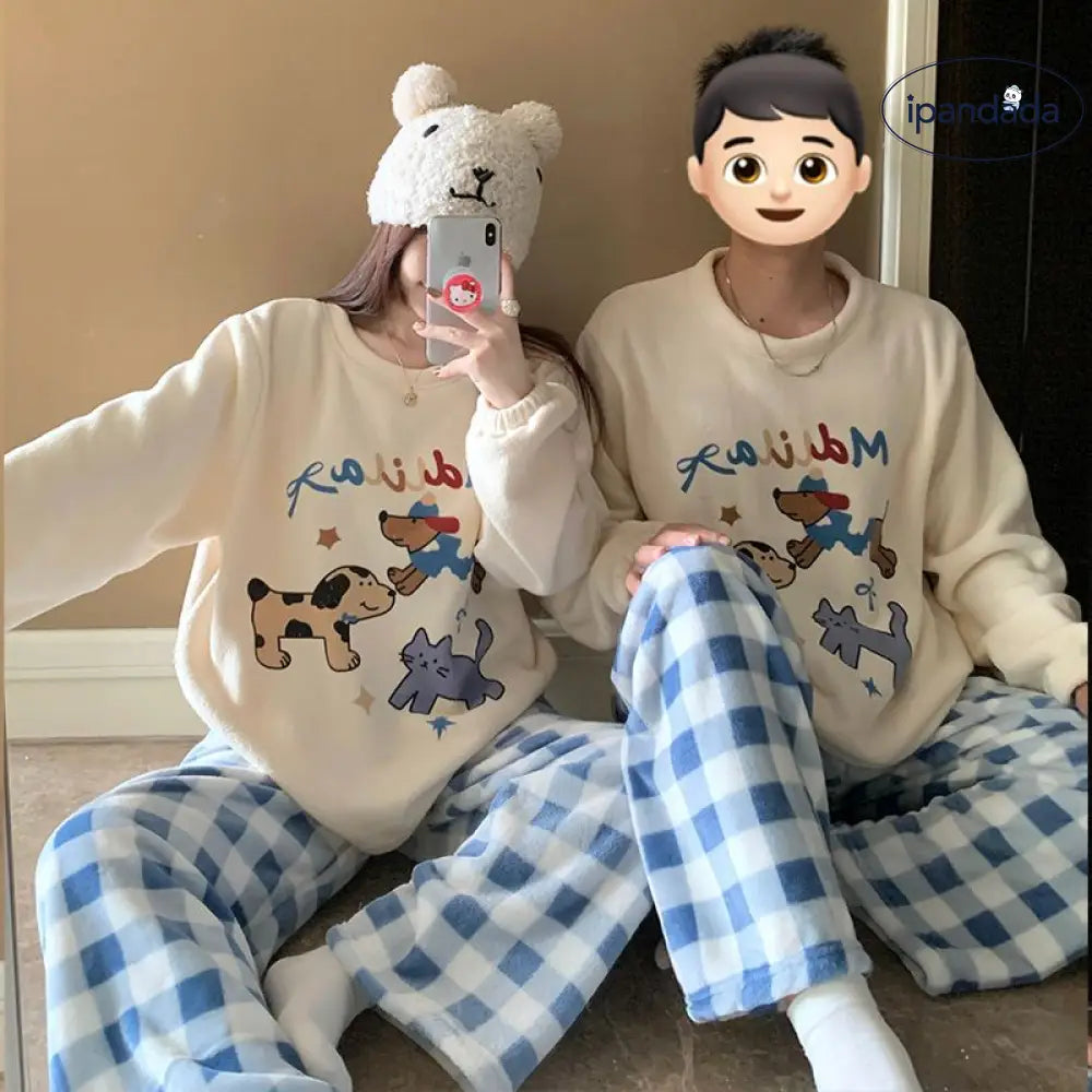 キャラクター ビーズファー カップル パジャマ 冬 長袖 ラウンドネック 保温 甘い かわいい ホームウェア セットアップ 外出可 暖かい 柔らかい 快適 おしゃれ ルームウェア ID2696