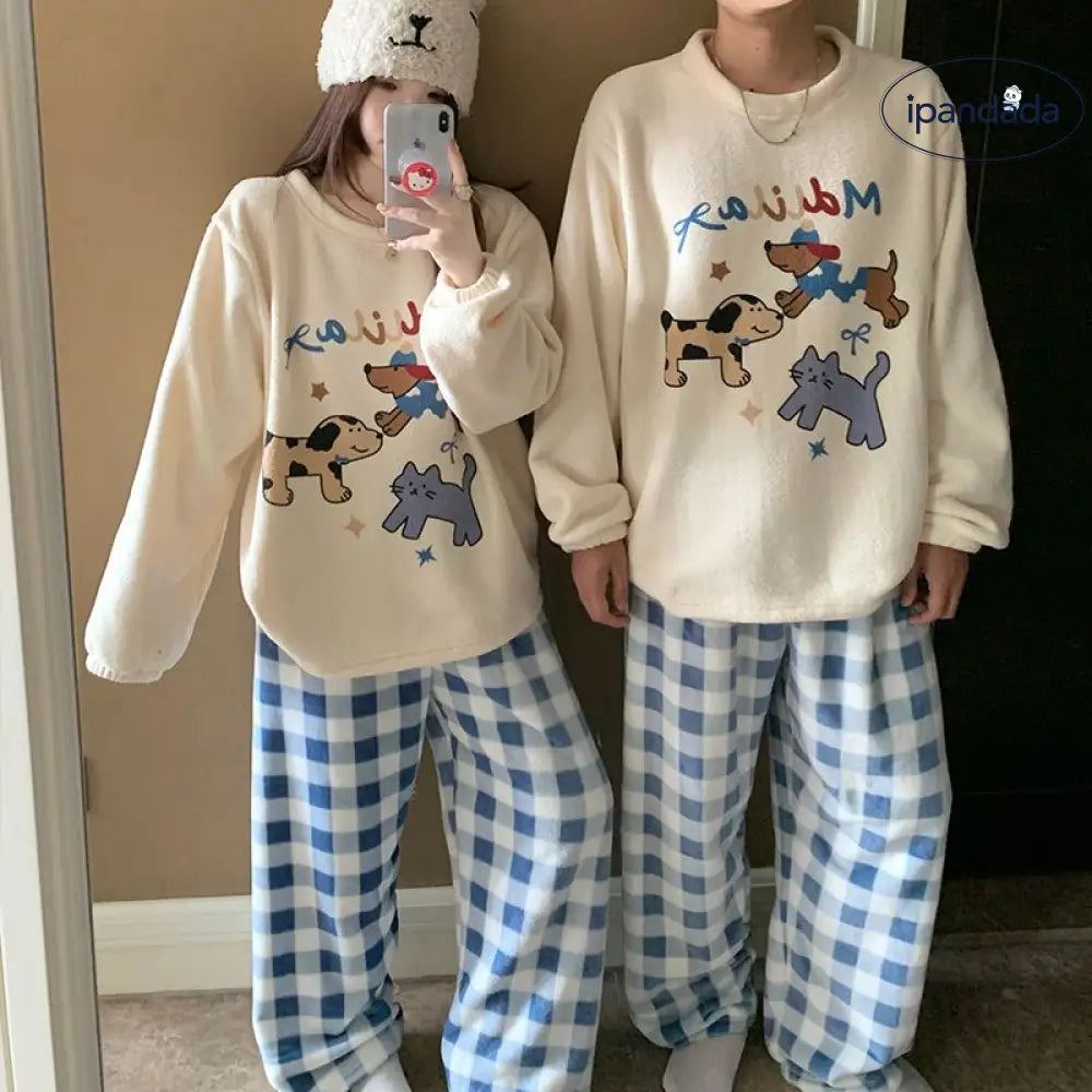 キャラクター ビーズファー カップル パジャマ 冬 長袖 ラウンドネック 保温 甘い かわいい ホームウェア セットアップ 外出可 暖かい 柔らかい 快適 おしゃれ ルームウェア ID2696