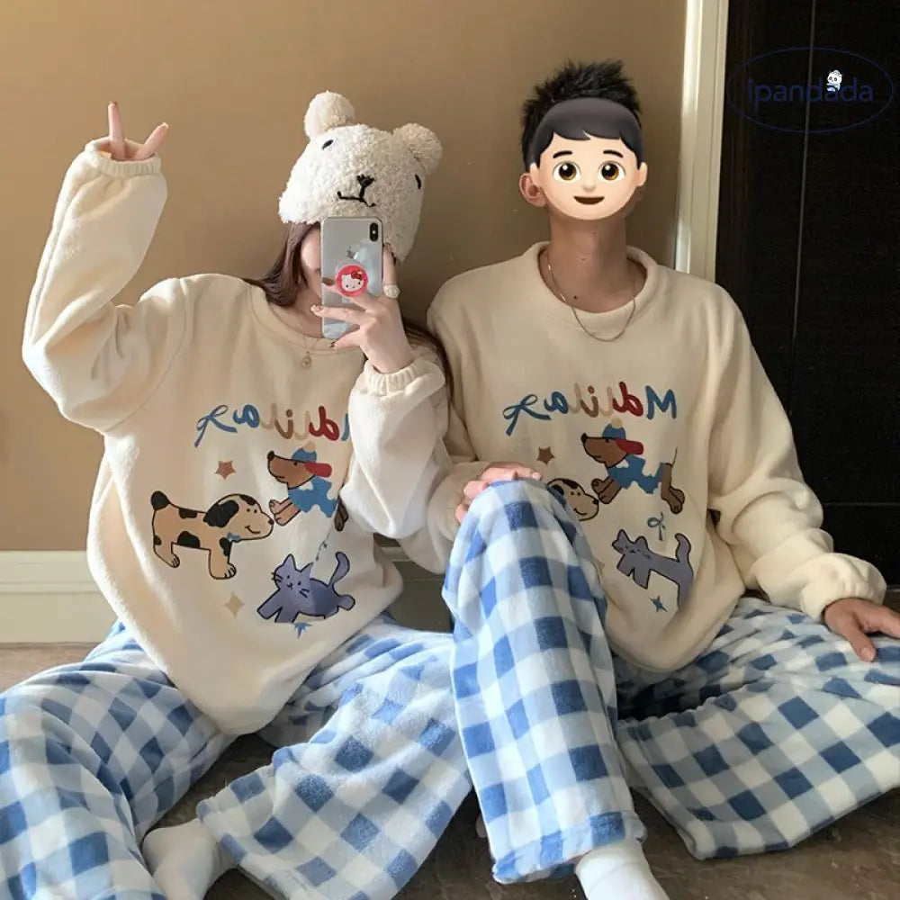 キャラクター ビーズファー カップル パジャマ 冬 長袖 ラウンドネック 保温 甘い かわいい ホームウェア セットアップ 外出可 暖かい 柔らかい 快適 おしゃれ ルームウェア ID2696