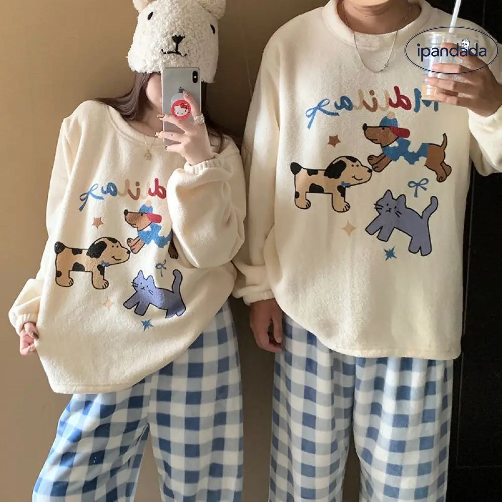 キャラクター ビーズファー カップル パジャマ 冬 長袖 ラウンドネック 保温 甘い かわいい ホームウェア セットアップ 外出可 暖かい 柔らかい 快適 おしゃれ ルームウェア ID2696