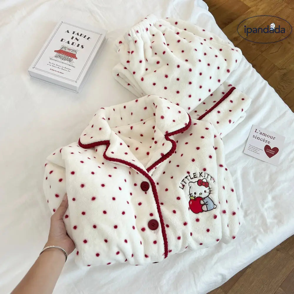 キャラクター ドット キティ猫 パジャマ レディース 秋冬 珊瑚フリース フランネル 厚手 フリース裏起毛 保温 冬 ホームウェア 暖かい 柔らかい 快適 おしゃれ ID2707
