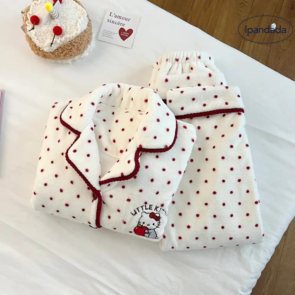 キャラクター ドット キティ猫 パジャマ レディース 秋冬 珊瑚フリース フランネル 厚手 フリース裏起毛 保温 冬 ホームウェア 暖かい 柔らかい 快適 おしゃれ ID2707