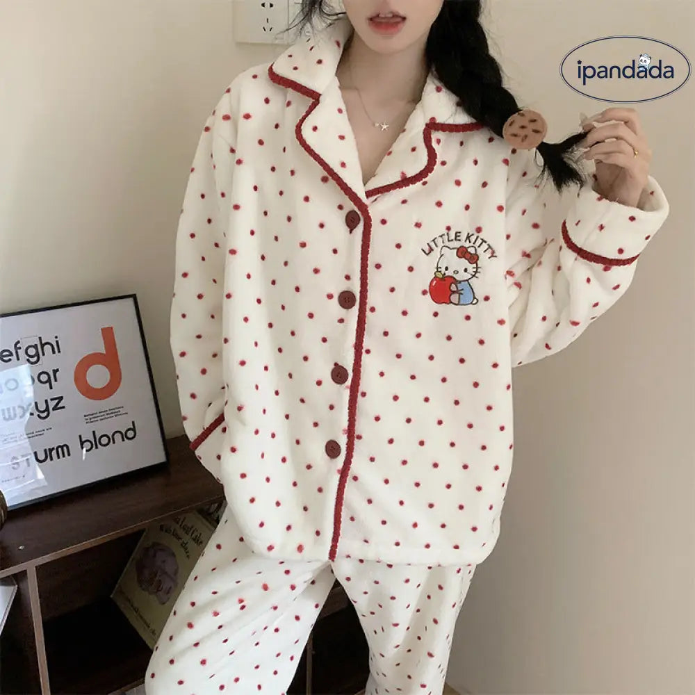 キャラクター ドット キティ猫 パジャマ レディース 秋冬 珊瑚フリース フランネル 厚手 フリース裏起毛 保温 冬 ホームウェア 暖かい 柔らかい 快適 おしゃれ ID2707 レディース＞セットアップ