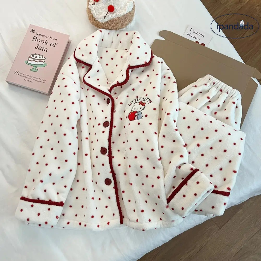 キャラクター ドット キティ猫 パジャマ レディース 秋冬 珊瑚フリース フランネル 厚手 フリース裏起毛 保温 冬 ホームウェア 暖かい 柔らかい 快適 おしゃれ ID2707