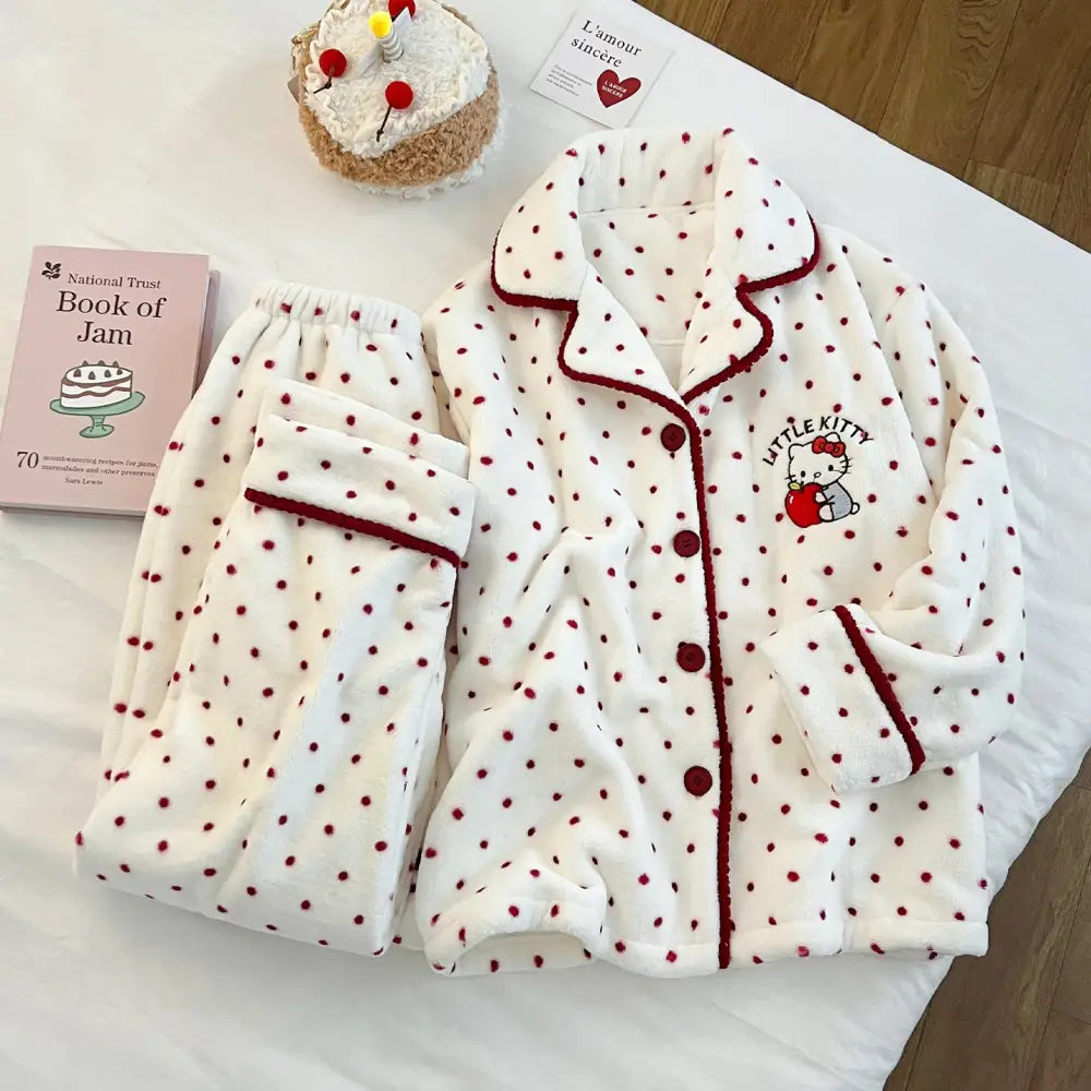 キャラクター ドット キティ猫 パジャマ レディース 秋冬 珊瑚フリース フランネル 厚手 フリース裏起毛 保温 冬 ホームウェア 暖かい 柔らかい 快適 おしゃれ ID2707 写真通り（2点セット） / M レディース＞セットアップ