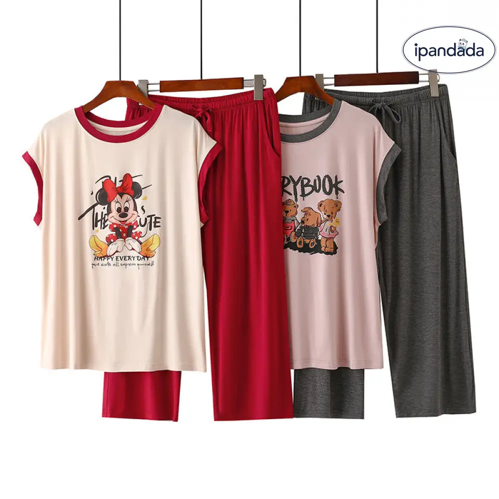 ID803 キャラクター パジャマ レディース 夏用 薄手 ノースリーブ 七分丈パンツ セット カジュアル 丸首 ゆったり ルームウェア セット 外出着可 吸汗速乾 通気性 レディース＞セットアップ