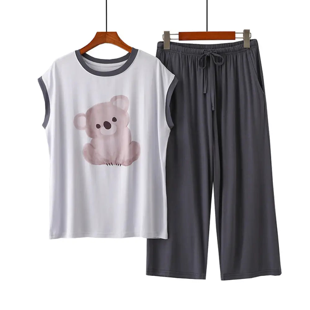 ID803 キャラクター パジャマ レディース 夏用 薄手 ノースリーブ 七分丈パンツ セット カジュアル 丸首 ゆったり ルームウェア セット 外出着可 吸汗速乾 通気性 タイプ② / フリー レディース＞セットアップ