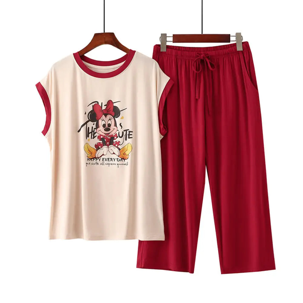 ID803 キャラクター パジャマ レディース 夏用 薄手 ノースリーブ 七分丈パンツ セット カジュアル 丸首 ゆったり ルームウェア セット 外出着可 吸汗速乾 通気性 タイプ⑤ / フリー レディース＞セットアップ