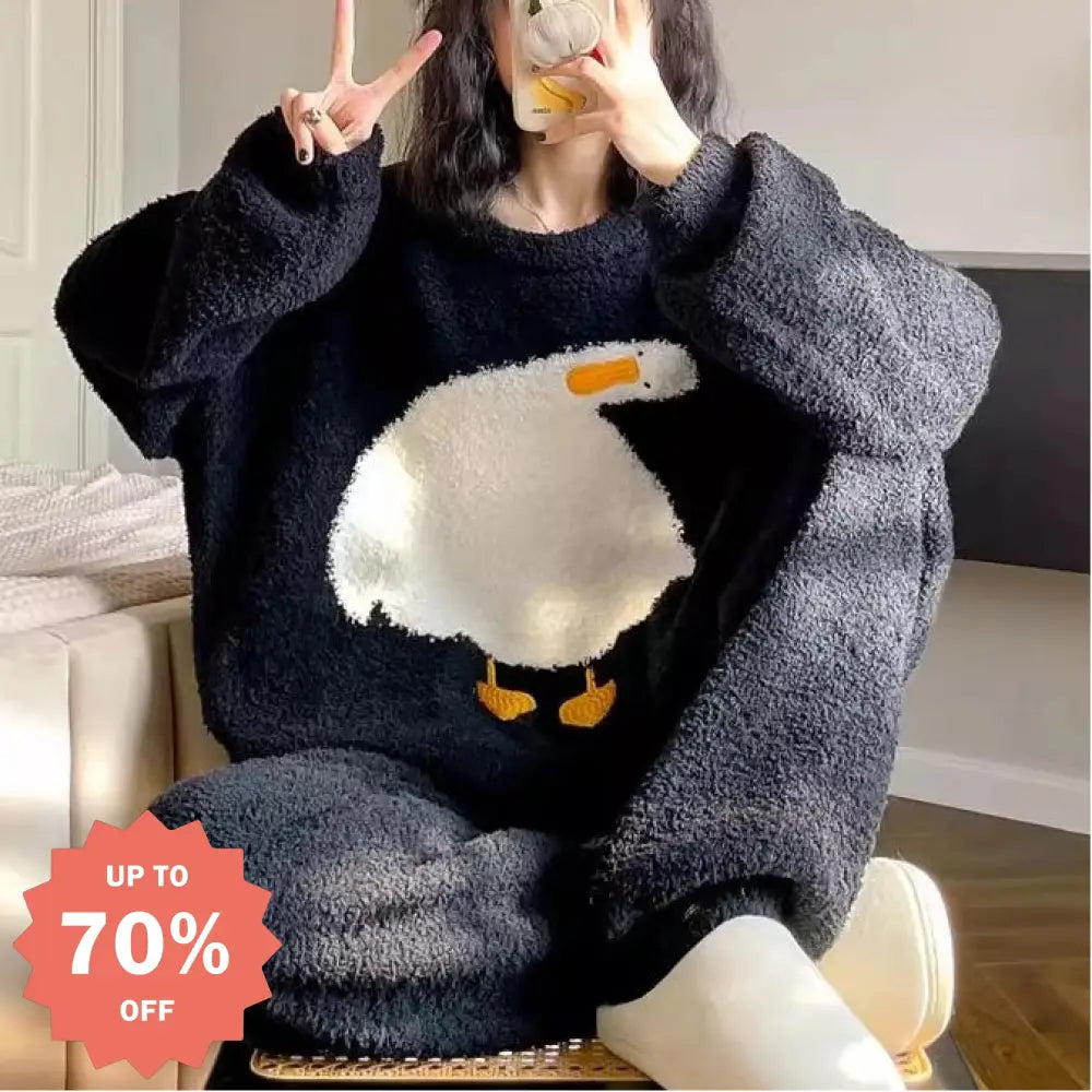 キャラクター プリント 珊瑚フリース パジャマ レディース 秋冬 長袖 セットアップ 厚手 フリース裏起毛 フランネル ホームウェア 大サイズ 冬用 外出可 暖かい 柔らかい 保温 快適 おしゃれ ルームウェア 自宅用 リラックス レディース用 着心地 ID2428