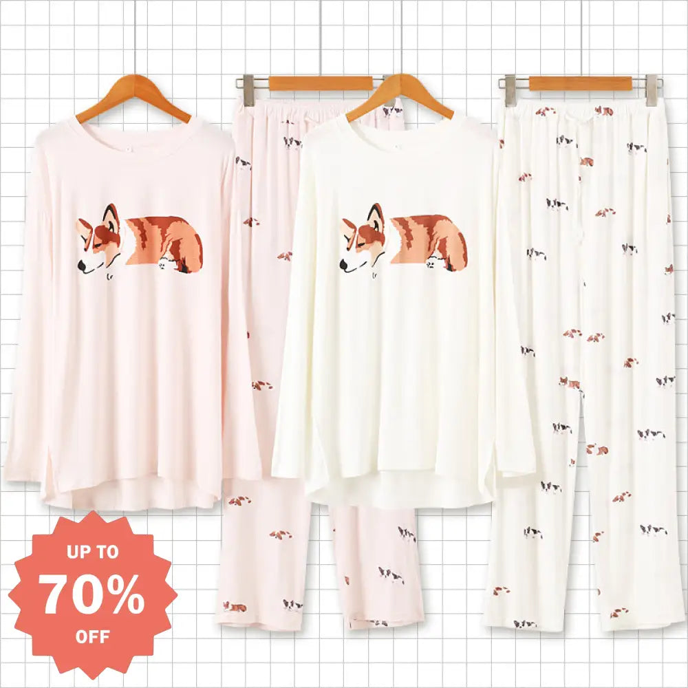 キャラクター 子犬 モダール ラウンドネック 長袖 パンツ ゆったり レディース パジャマ セットアップ ホームウェア  おしゃれ 軽量 着心地 ナチュラル ルームウェア 自宅用 リラックス 洗える ID2553