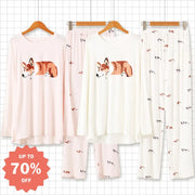 キャラクター 子犬 モダール ラウンドネック 長袖 パンツ ゆったり レディース パジャマ セットアップ ホームウェア  おしゃれ 軽量 着心地 ナチュラル ルームウェア 自宅用 リラックス 洗える ID2553