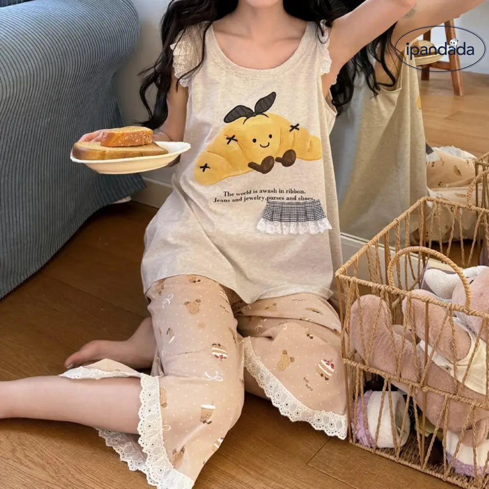キャラクターブレッド レースフリル タンクトップ ワイドパンツ ルームウェア セット 外出着用可 ゆったり 綿 ID1976