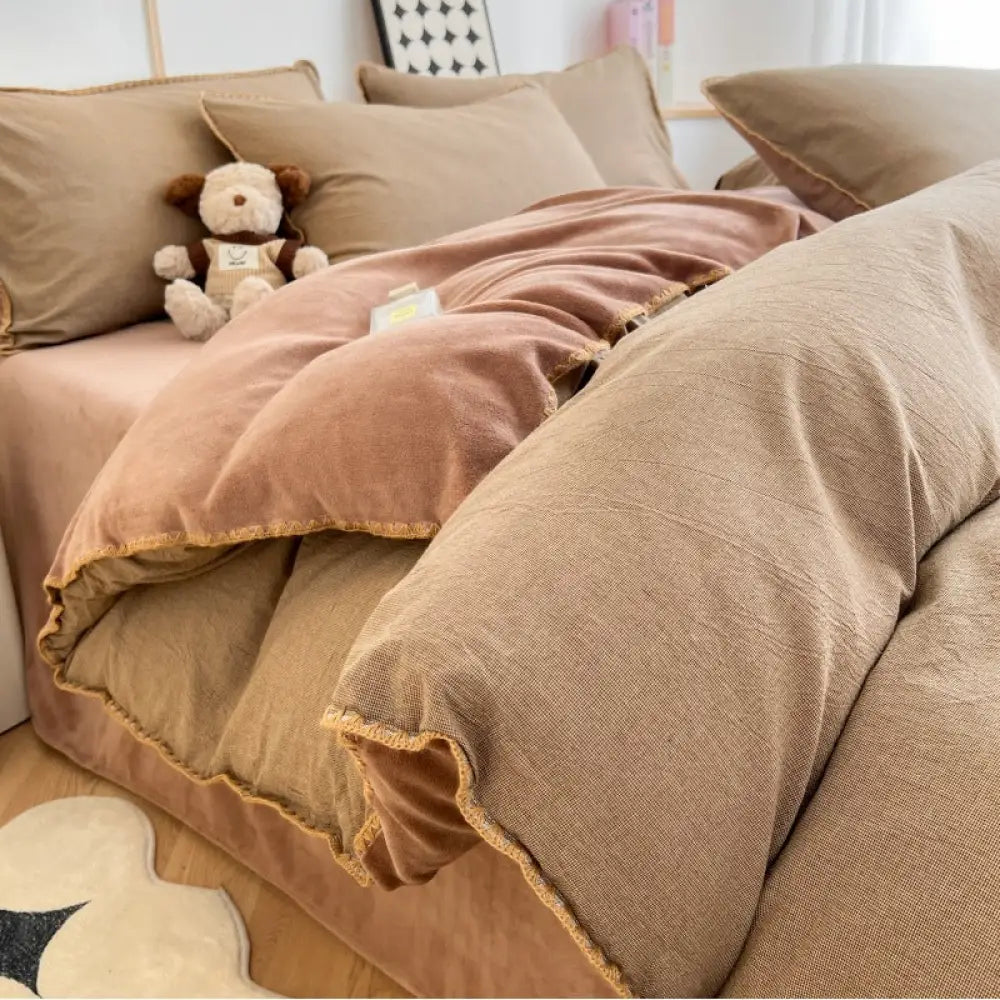 裏起毛 厚手 綿 フリース ベッドセット 家庭用 四点セット 学生寮 三点セット ID3041 タイプ⑥ / フラットシーツ 0.9m 3点セット（掛け布団カバー 150*200）