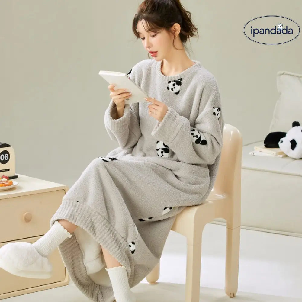裏起毛 厚手 ナイトドレス 女性 パンダ 春秋用 長袖 パジャマ コーラルフリース 冬用 ルームウェア ID2790
