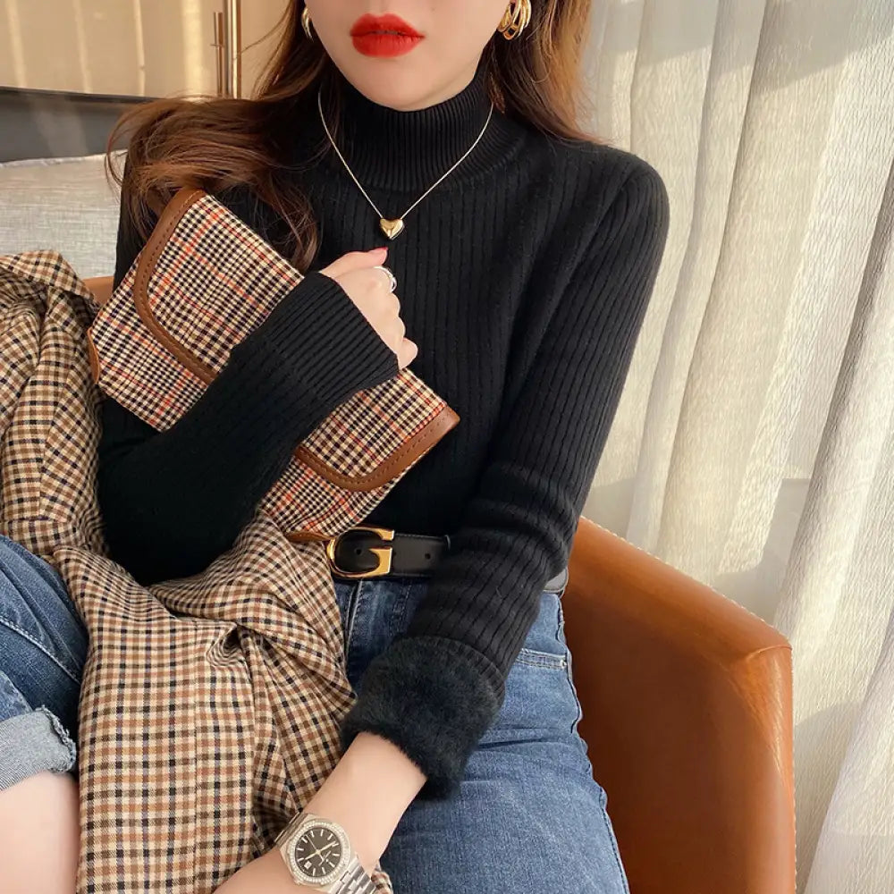 裏起毛 ニット ハイネックニット レディース リブニット ハイネック トップス 長袖 厚手 極暖 セーター ニットセーター 暖かい ふわふわ プルオーバー チクチクしない オフィスカジュアル きれいめ 秋冬 秋 ID3109 フリー