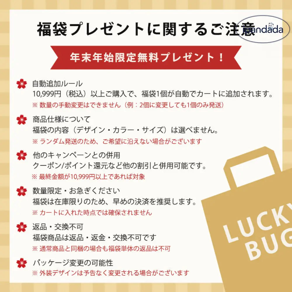 【LUCKYBAG】10,999円以上で無料贈呈中！早い者勝ち！ 福袋1点（自動郵送）