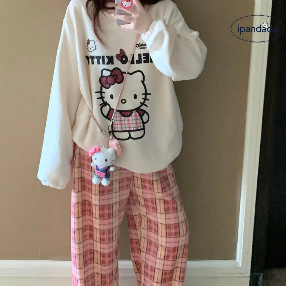かわいい チェック KT猫 ビーズ ファー パジャマ レディース 秋冬 プルオーバー 長袖 パンツ 保温 キャラクター ホームウェア セットアップ 暖かい 柔らかい 快適 おしゃれ ルームウェア 自宅用 リラックス 着心地 ナチュラル ゆったり ID2655