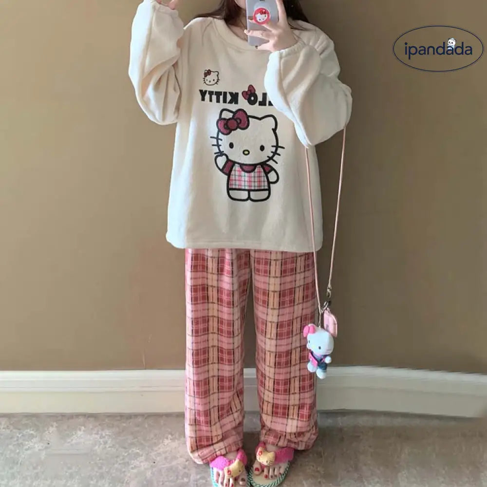 かわいい チェック KT猫 ビーズ ファー パジャマ レディース 秋冬 プルオーバー 長袖 パンツ 保温 キャラクター ホームウェア セットアップ 暖かい 柔らかい 快適 おしゃれ ルームウェア 自宅用 リラックス 着心地 ナチュラル ゆったり ID2655