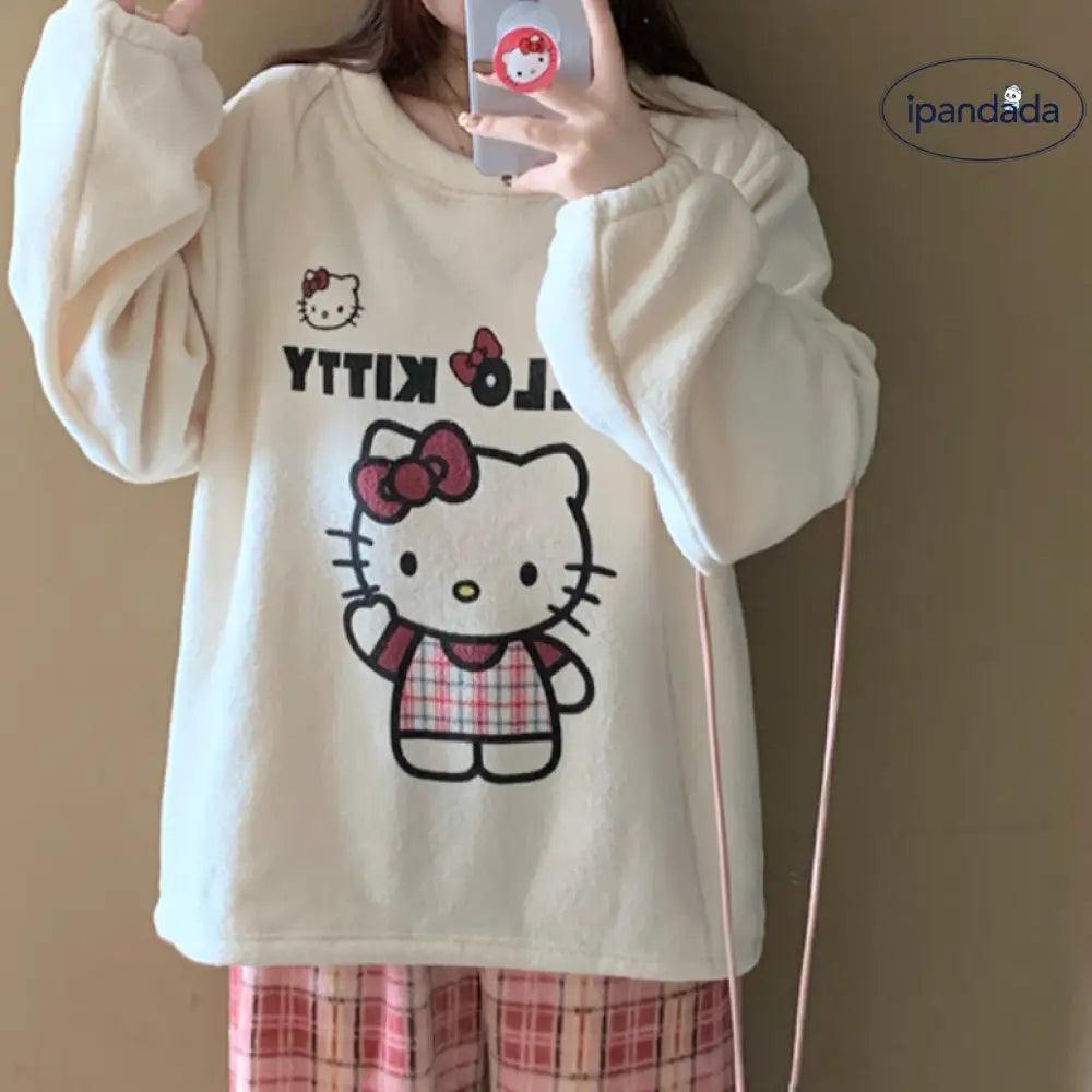 かわいい チェック KT猫 ビーズ ファー パジャマ レディース 秋冬 プルオーバー 長袖 パンツ 保温 キャラクター ホームウェア セットアップ 暖かい 柔らかい 快適 おしゃれ ルームウェア 自宅用 リラックス 着心地 ナチュラル ゆったり ID2655