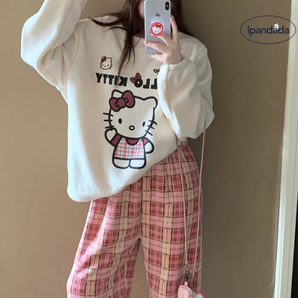 かわいい チェック KT猫 ビーズ ファー パジャマ レディース 秋冬 プルオーバー 長袖 パンツ 保温 キャラクター ホームウェア セットアップ 暖かい 柔らかい 快適 おしゃれ ルームウェア 自宅用 リラックス 着心地 ナチュラル ゆったり ID2655