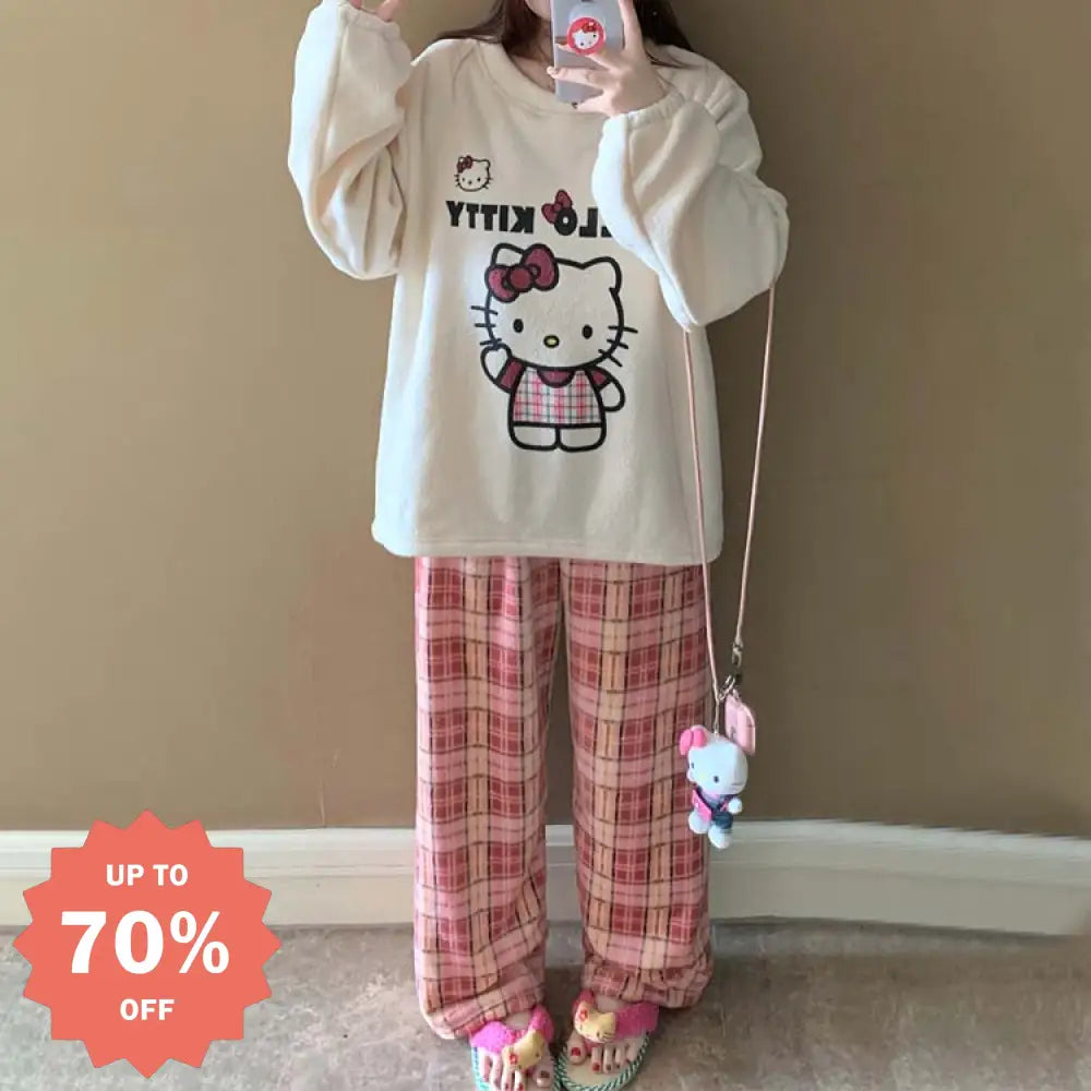 かわいい チェック KT猫 ビーズ ファー パジャマ レディース 秋冬 プルオーバー 長袖 パンツ 保温 キャラクター ホームウェア セットアップ 暖かい 柔らかい 快適 おしゃれ ルームウェア 自宅用 リラックス 着心地 ナチュラル ゆったり ID2655