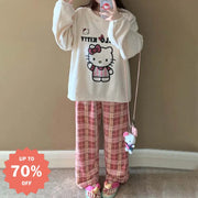 かわいい チェック KT猫 ビーズ ファー パジャマ レディース 秋冬 プルオーバー 長袖 パンツ 保温 キャラクター ホームウェア セットアップ 暖かい 柔らかい 快適 おしゃれ ルームウェア 自宅用 リラックス 着心地 ナチュラル ゆったり ID2655