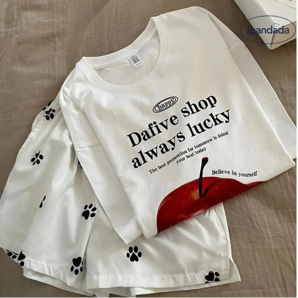 アップルのロゴプリント 綿 Tシャツ パジャマ レディース 夏の新作 ドッグ爪プリント ショートパンツ 半袖 ルームウェア セット インスタ風 ID1773