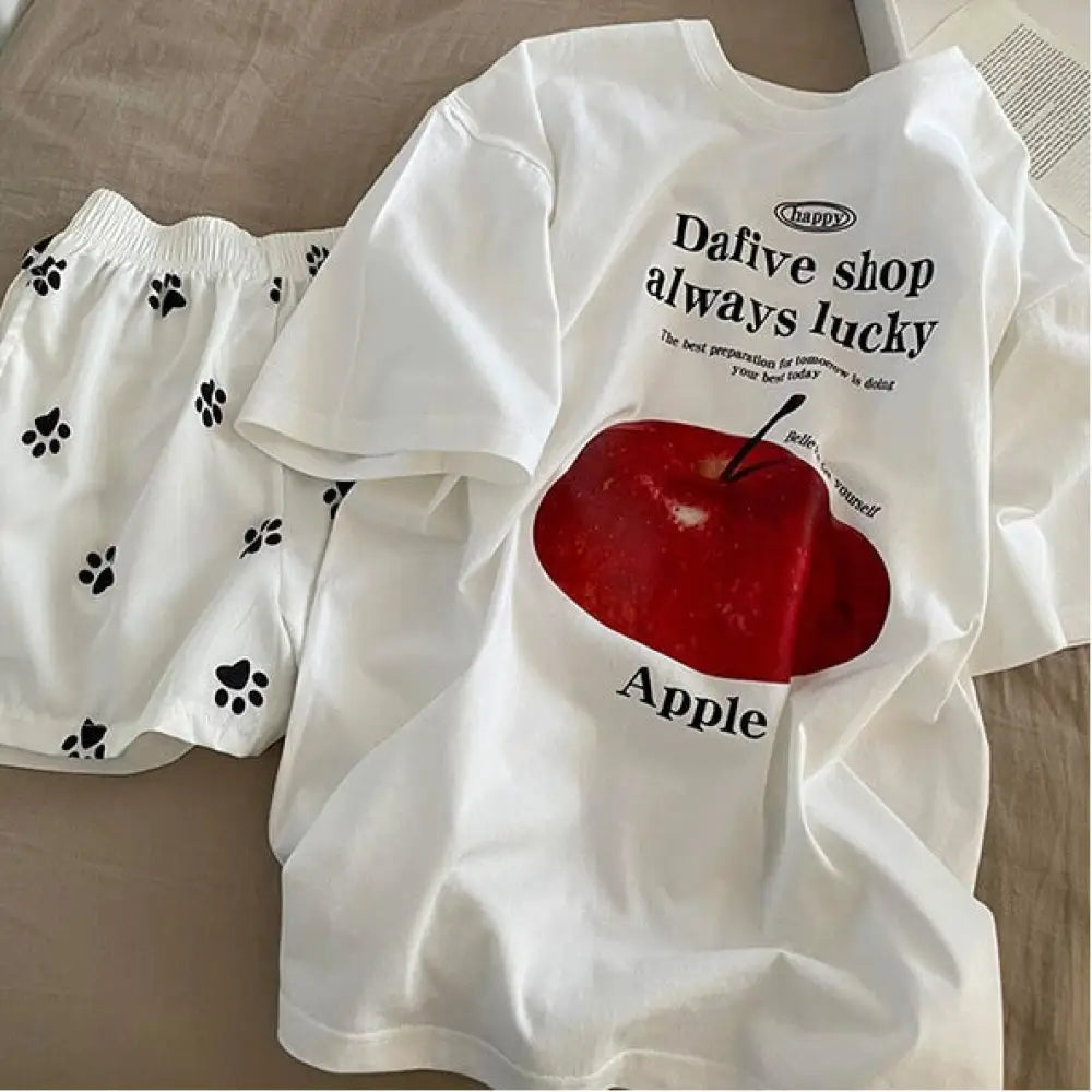 アップルのロゴプリント 綿 Tシャツ パジャマ レディース 夏の新作 ドッグ爪プリント ショートパンツ 半袖 ルームウェア セット インスタ風 ID1773