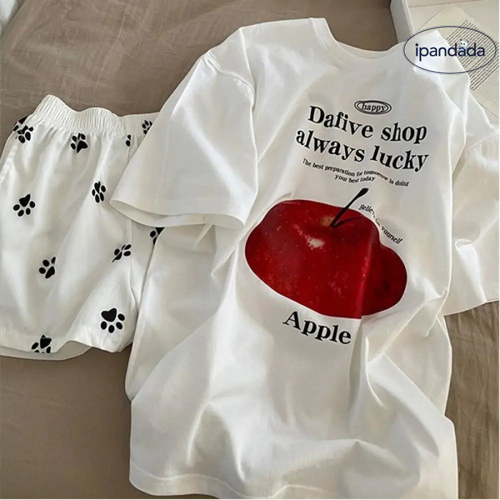 アップルのロゴプリント 綿 Tシャツ パジャマ レディース 夏の新作 ドッグ爪プリント ショートパンツ 半袖 ルームウェア セット インスタ風 ID1773