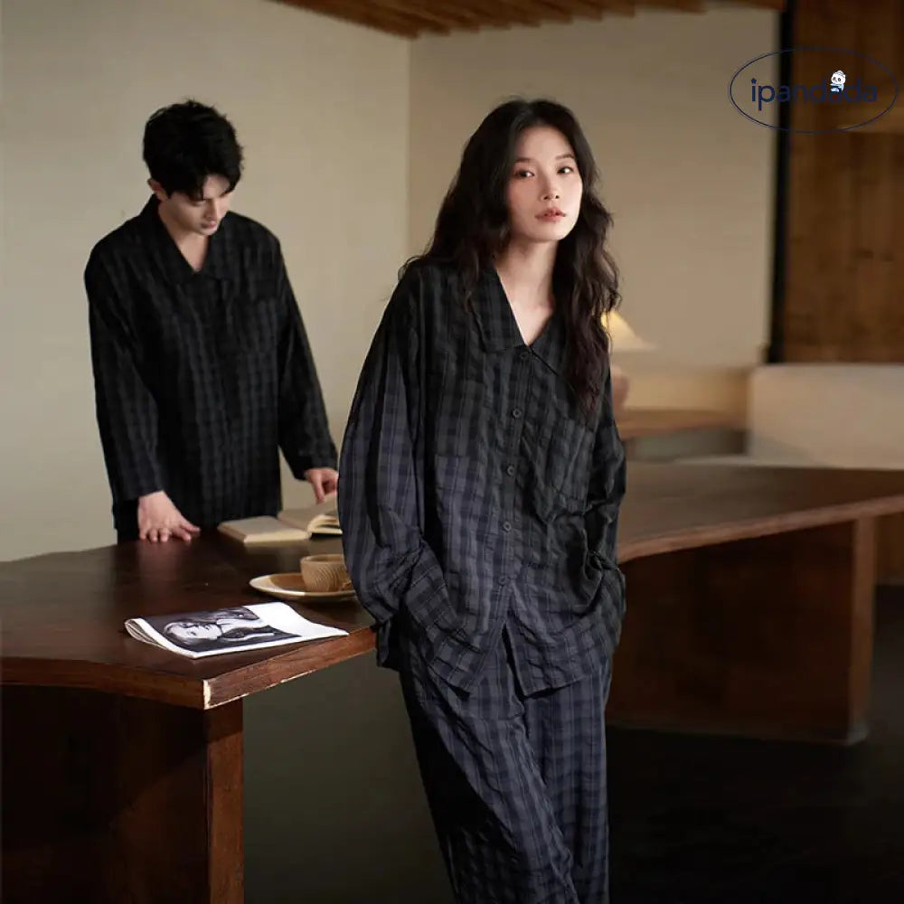 カップル パジャマ 長袖 春秋 レディース 部屋着 メンズ シンプル チェック柄 外出可能 セット ID2525