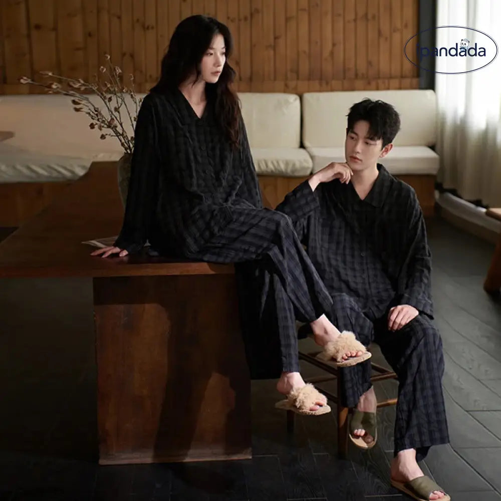 カップル パジャマ 長袖 春秋 レディース 部屋着 メンズ シンプル チェック柄 外出可能 セット ID2525
