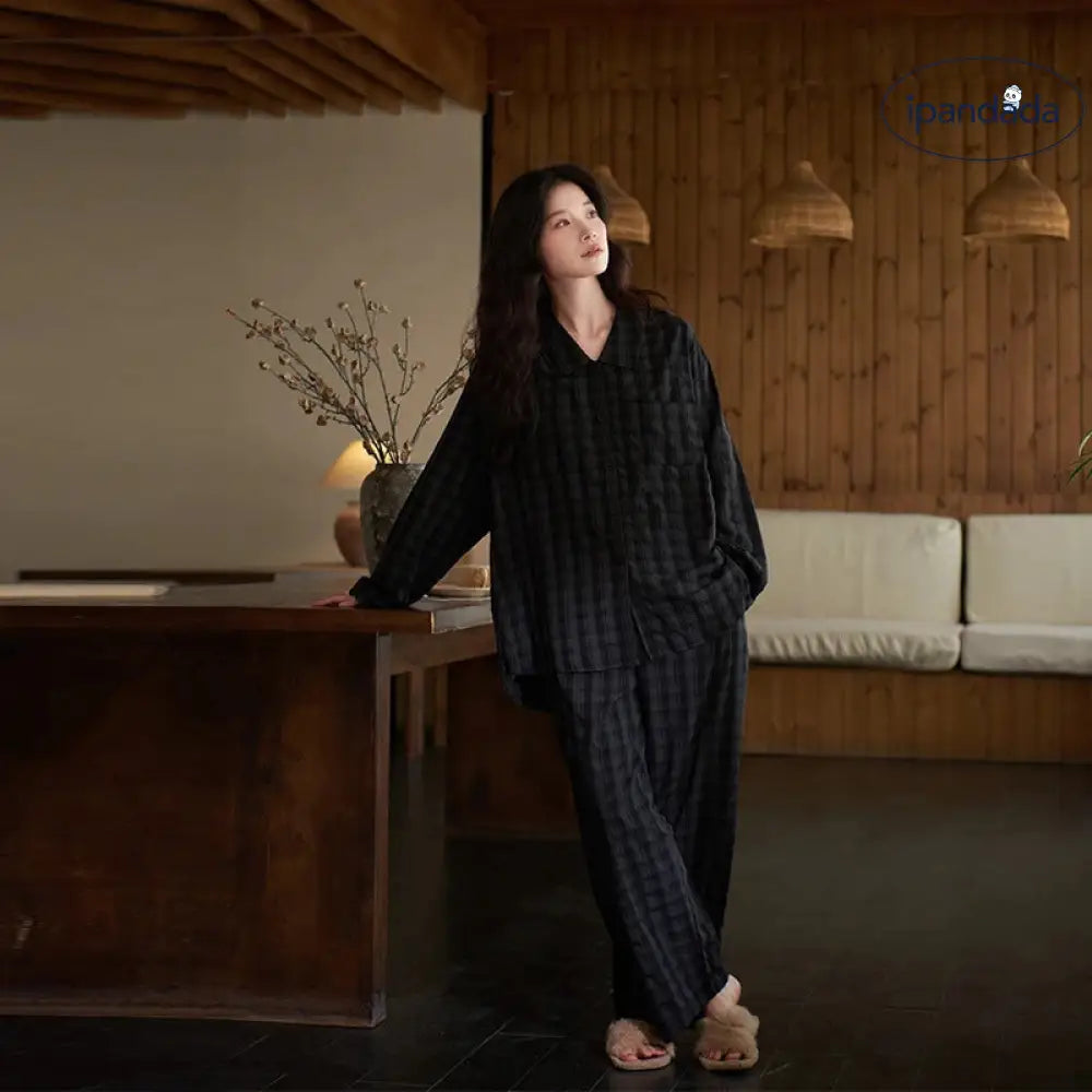 カップル パジャマ 長袖 春秋 レディース 部屋着 メンズ シンプル チェック柄 外出可能 セット ID2525