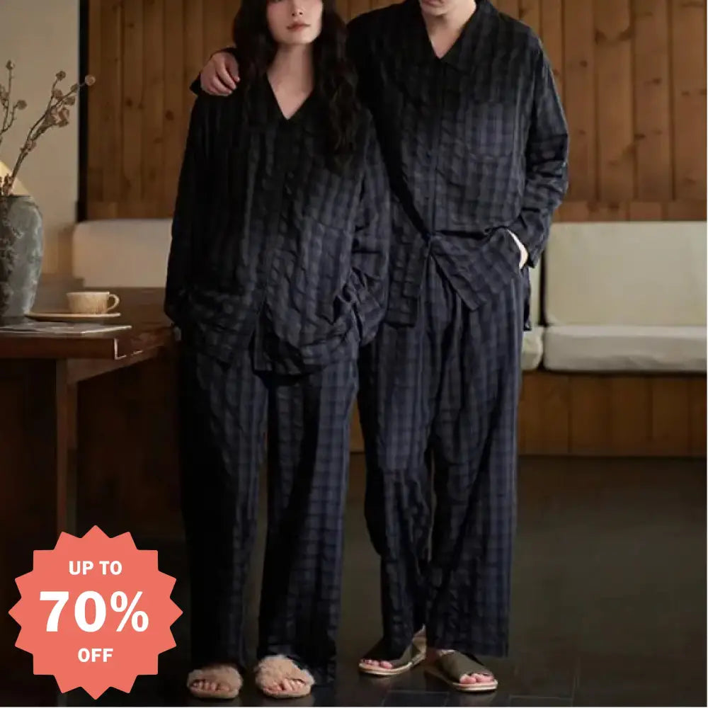 カップル パジャマ 長袖 春秋 秋 初冬 レディース 部屋着 メンズ シンプル チェック柄 外出可能 セット パジャマ ID2525 カップル＞セットアップ
