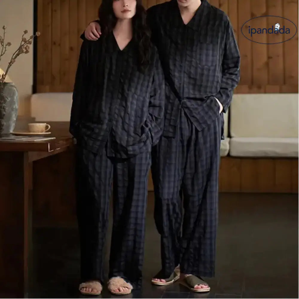カップル パジャマ 長袖 春秋 秋 初冬 レディース 部屋着 メンズ シンプル チェック柄 外出可能 セット パジャマ ID2525 カップル＞セットアップ