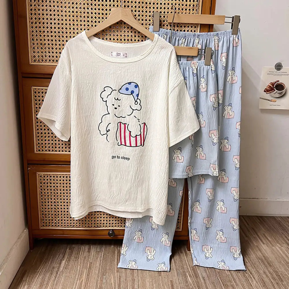 ID800 パジャマ レディース 夏 新作 3点セット 子熊 プリント カートゥーン 半袖 ショートパンツ 長ズボン ラウンドネック カジュアル ホームウェア ルームウェア 部屋着 涼感 通気性抜群 洗濯可能 セット